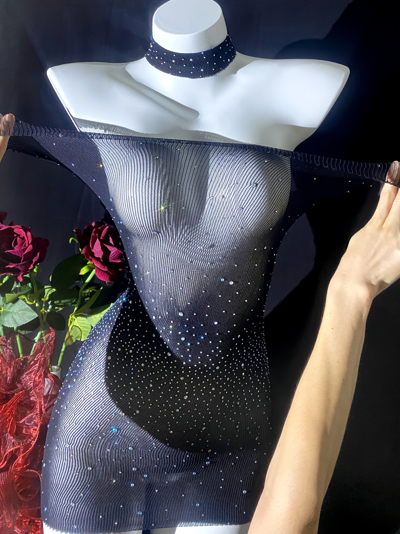 Women Sheer Mesh Rhinestone Bodycon Dress Sleeveless Black Cue