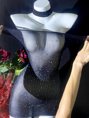 Women Sheer Mesh Rhinestone Bodycon Dress Sleeveless Black Cue