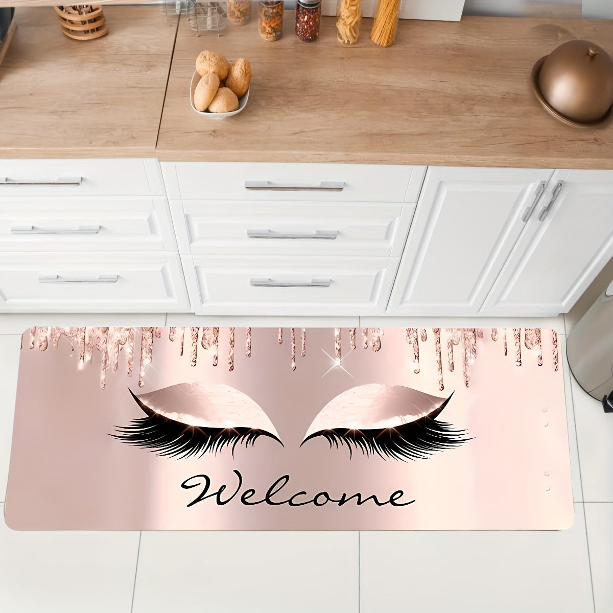 Pink Eyelashes and Letters Pattern Kitchen Rug Anti-Slip Absorbent Mat
