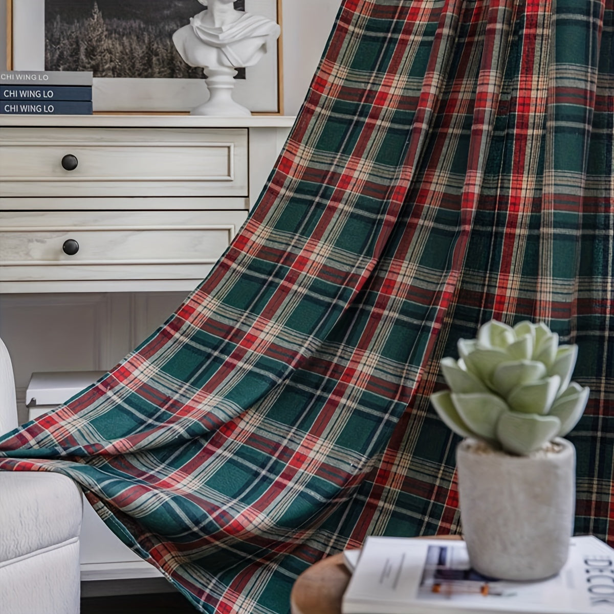 Green Plaid Christmas Curtain with Invisible Rod for Bedroom Balcony Living Room