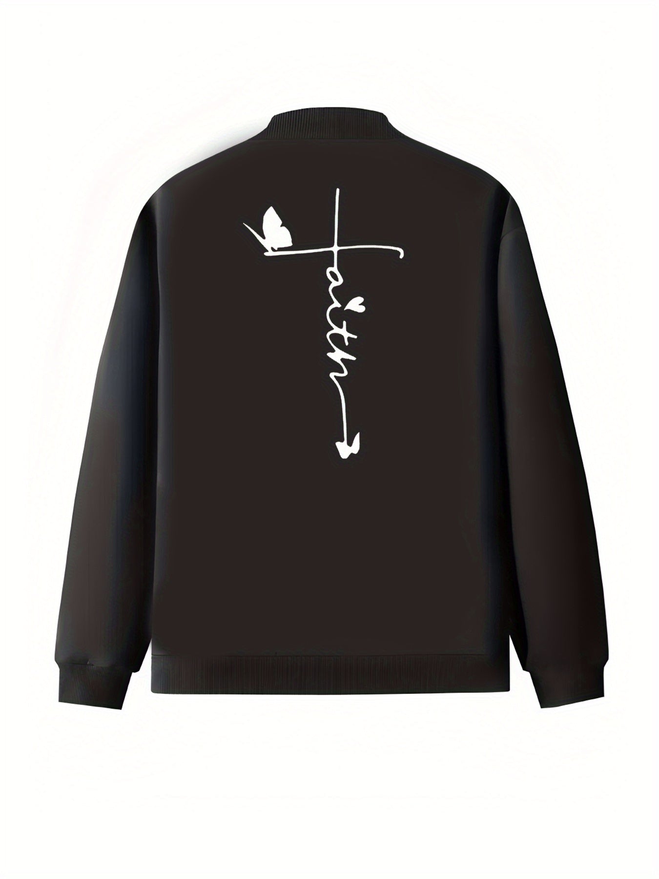 Plus Size Women's Casual Baseball Collar Jacket Black White Letter Heart Graphic Zip-Up Outerwear