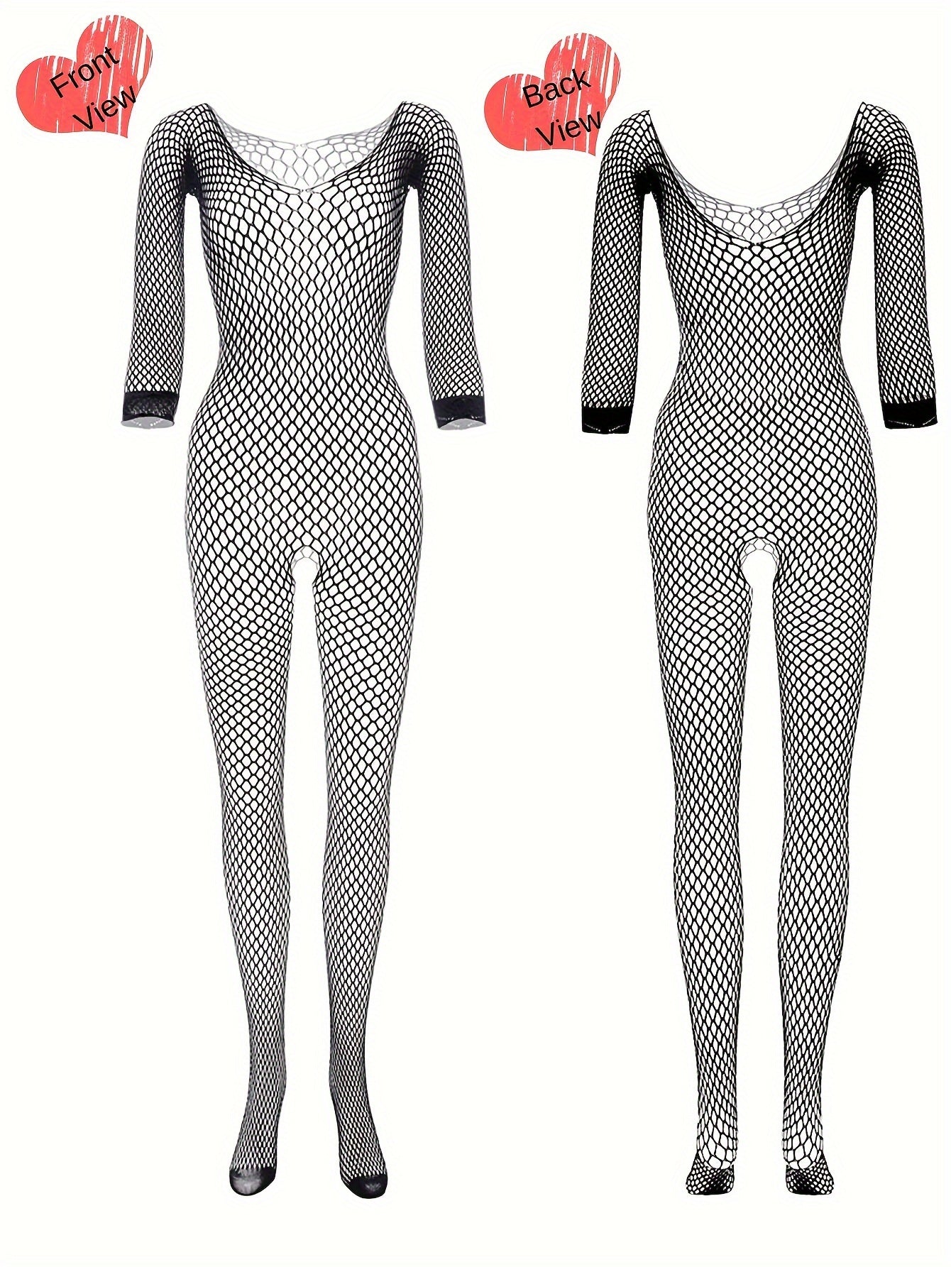 Women’s Fishnet Bodysuit Sheer Hollow-Out Long Sleeve Stretch Nylon Exotic Lingerie