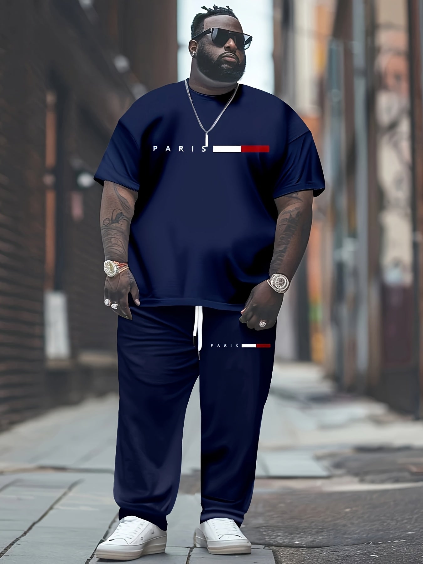 Men's Navy Blue Casual Sports Outfit Plus Size Polyester Knit with Pockets