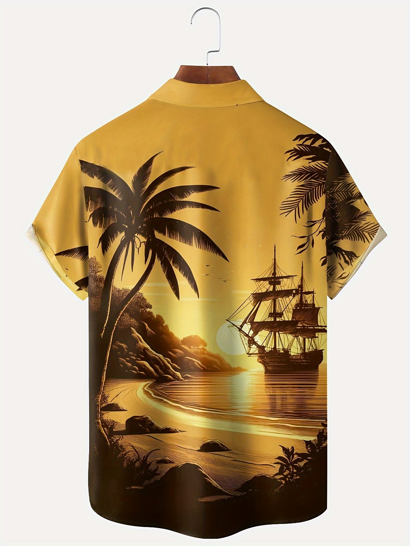 Men's Hawaiian Sunset Sailboat 3D Print Polyester Shirt with Lapel Collar and Pocket
