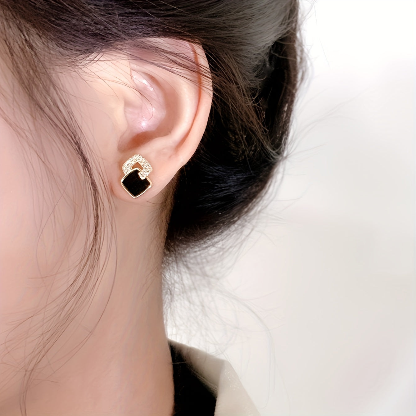 Women Black Square Stud Earrings Micro Pave Zinc Alloy Glass Accents