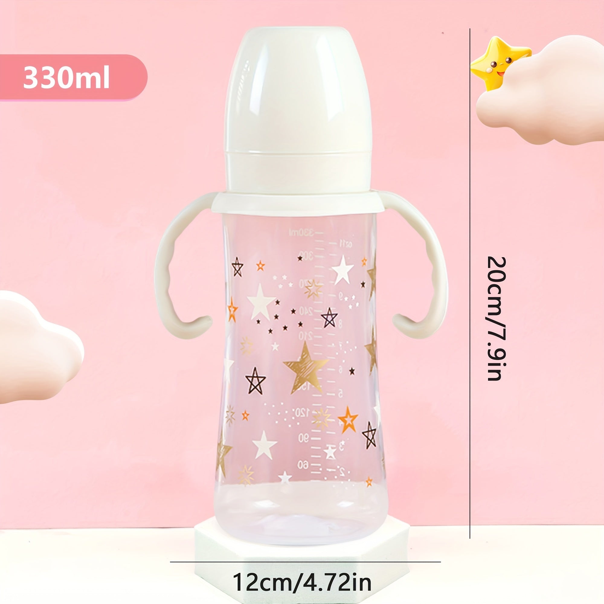 330ml Baby Feeding Bottle for 6-36 Months with Handle and Fairy Star Design in White Blue Pink