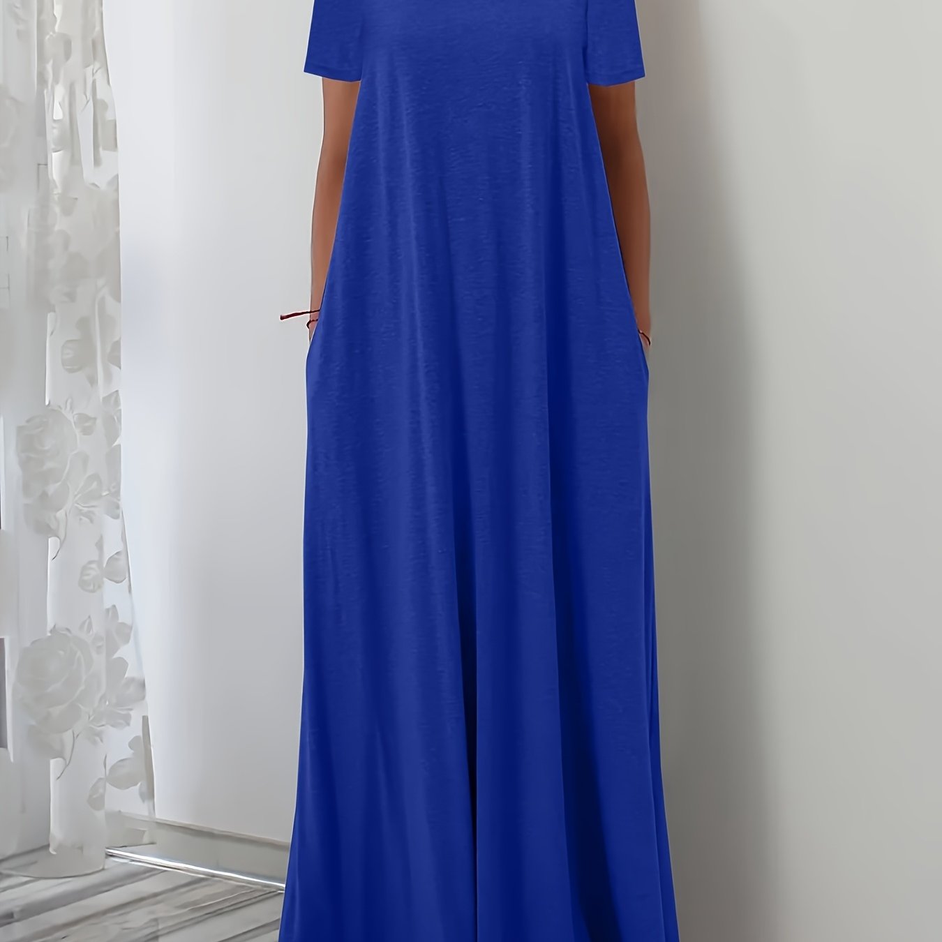 White Maxi Dress with Square Neck Short Sleeves Pockets Flowing Silhouette Polyester Blend