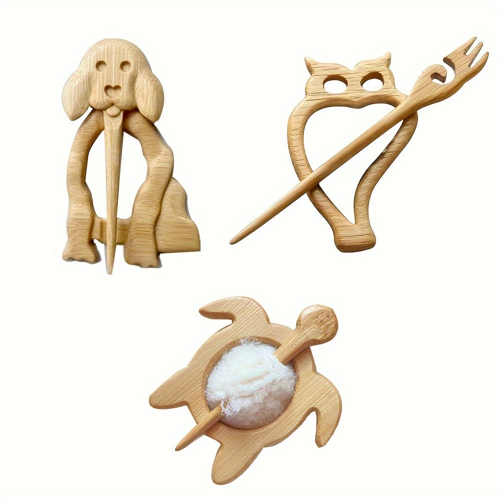 Set of 3 Wooden Animal Brooches Cartoon Dog Cat Vintage Fashion Accessories for Shawl Scarf Sweater