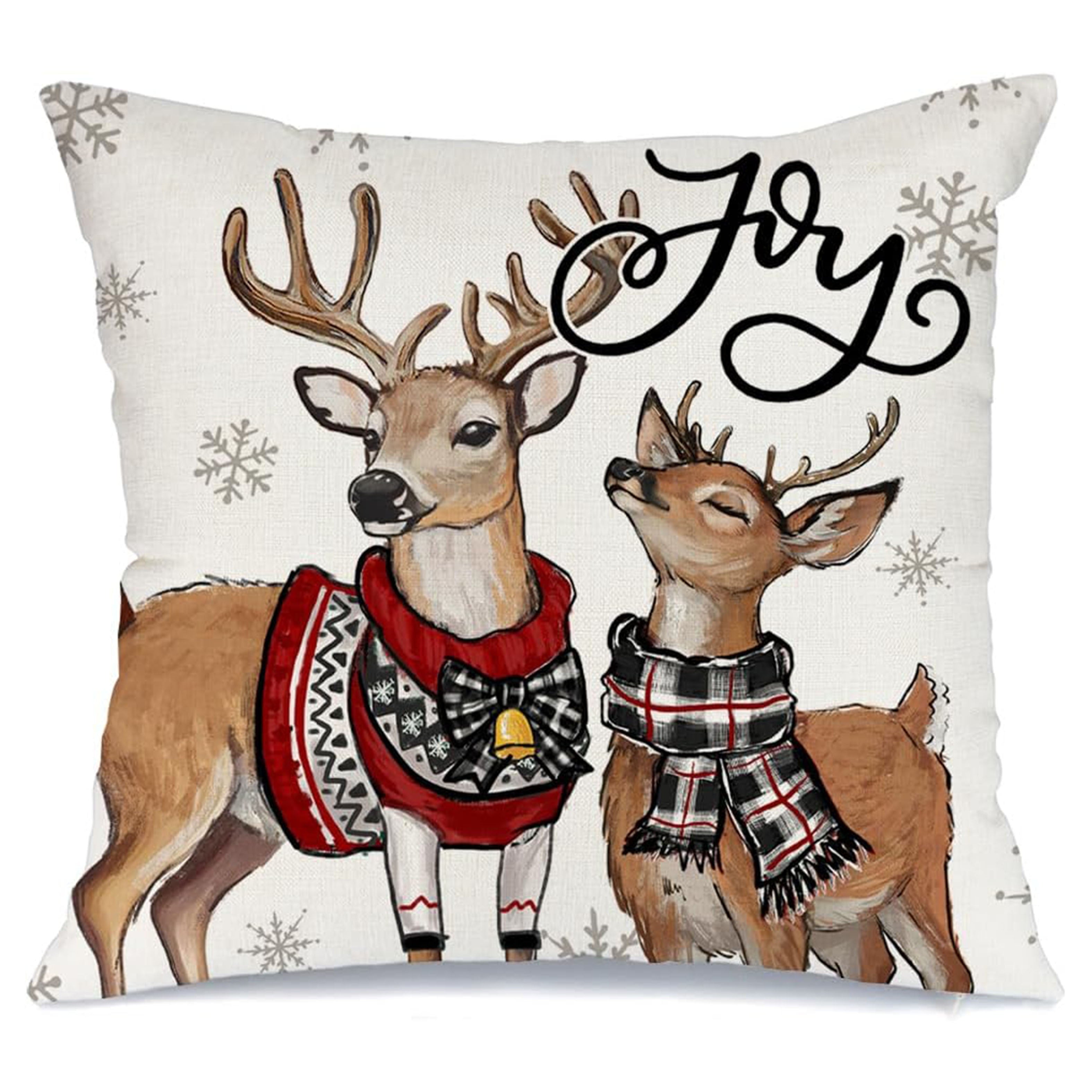 Linen Throw Pillow Cover Reindeer Snowflake Festive Woven Fabric Machine Washable