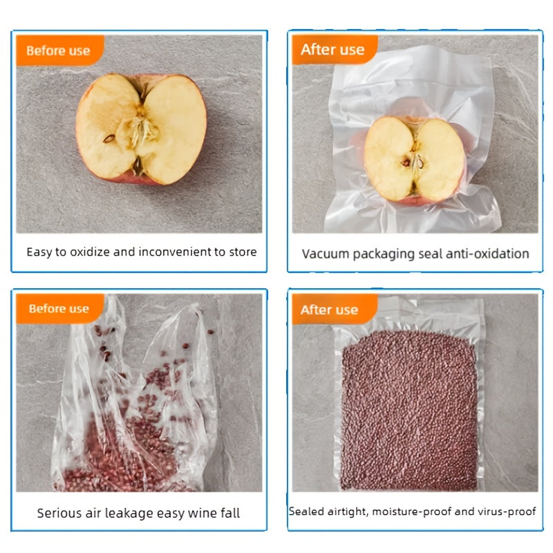 3 ta rolikdan iborat oshxona vakuum muhrlangan paketlar to'plami, har biri 196.85 dyuym o'lchamida, qayta ishlatiladigan rolik uslubidagi oziq-ovqat saqlash uchun mo'ljallangan. Oziq-ovqatni uy oshxonalarida saqlash uchun mukammal.