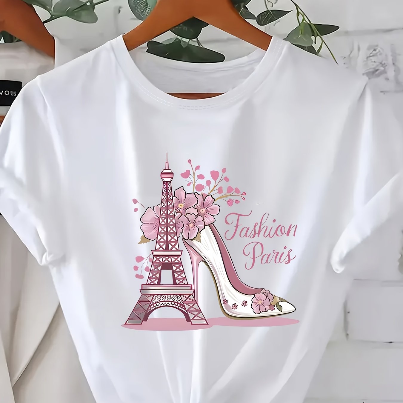 Women's Parisian Eiffel Tower Graphic T-Shirt Floral Accents Casual Top