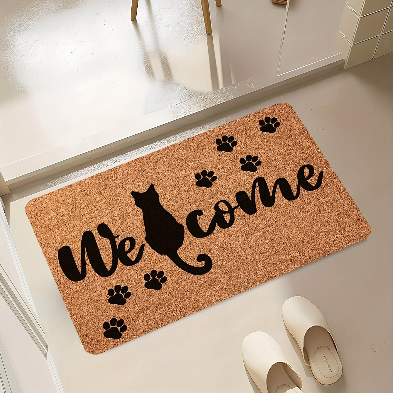 Cat Welcome Doormat Stain-Resistant Polyester Indoor Outdoor Black Cat Silhouette