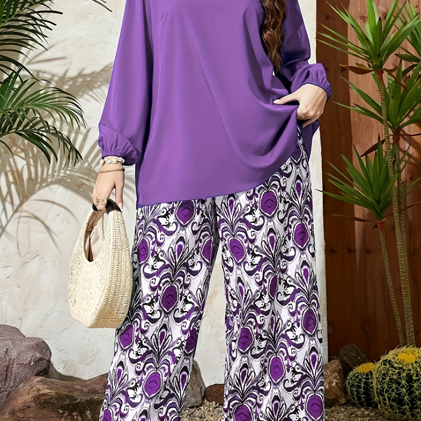 Plus Size V-Neck Top and Wide-Leg Pants Set in Blue and White Geometric Pattern Polyester Machine Washable