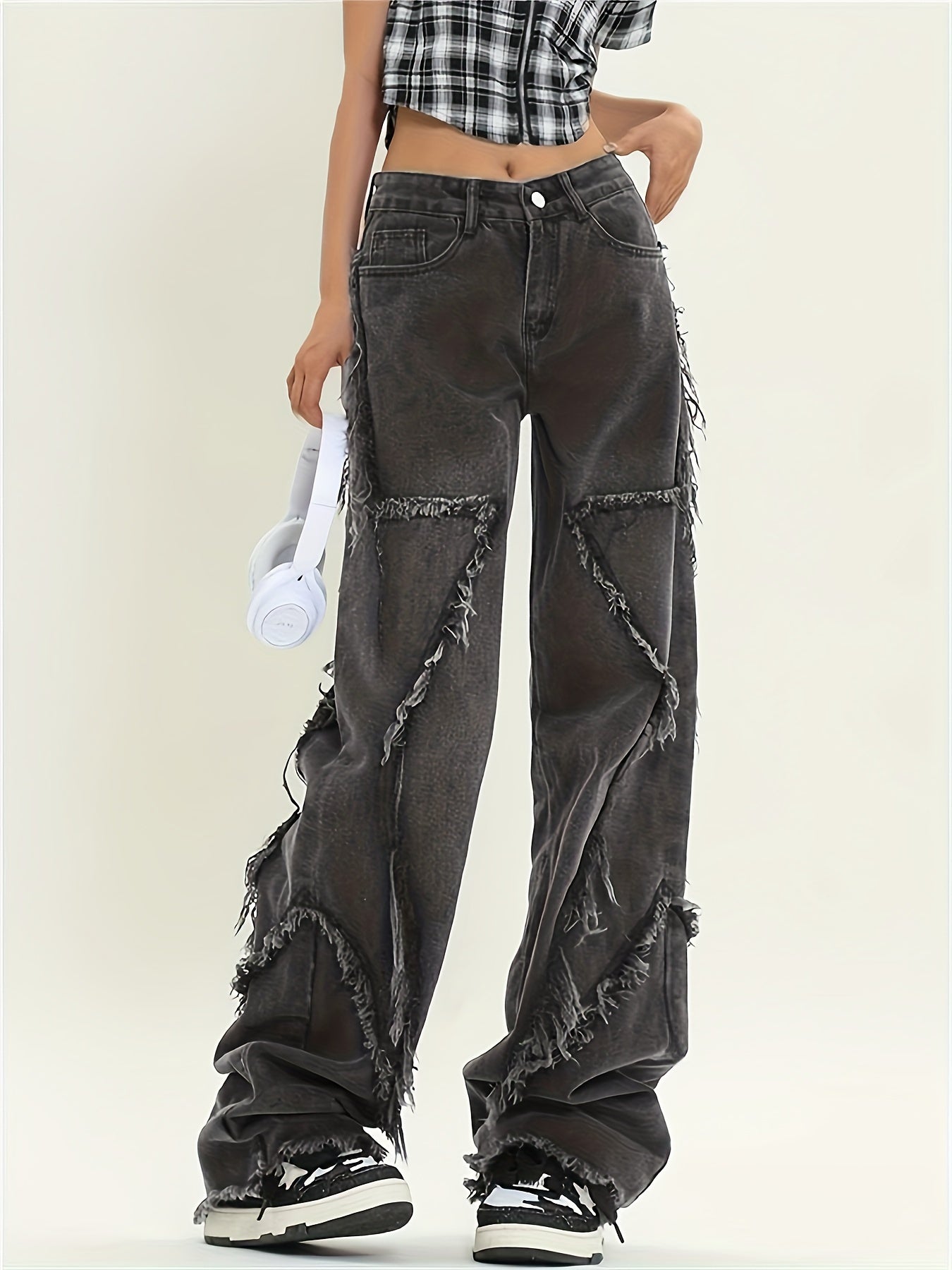 Men's Black Frayed Hem Wide-Leg Jeans 80% Cotton Relaxed Fit Casual Pants