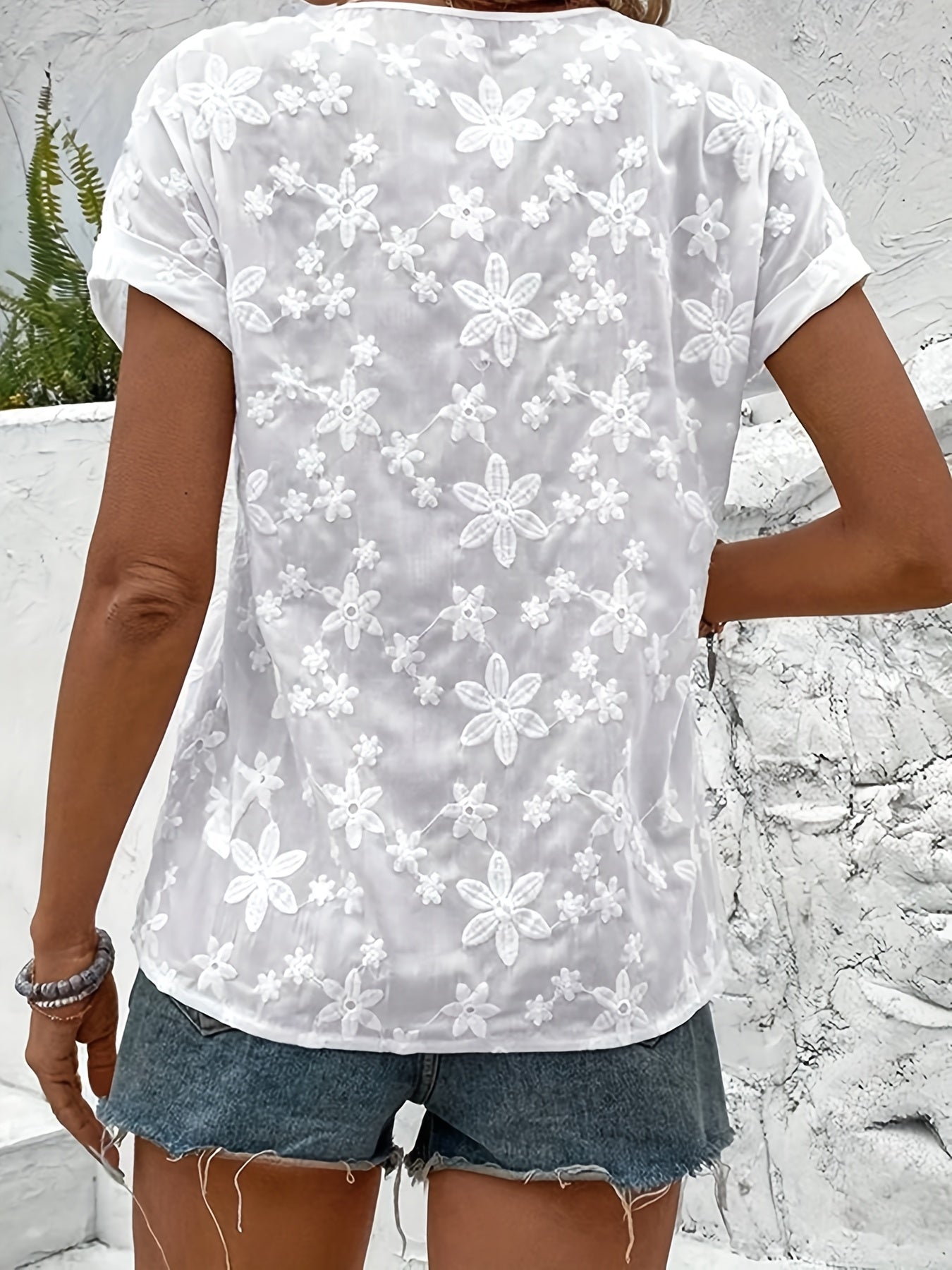 Women's V-Neck Blouse with Floral Embroidery Short Sleeve Solid Color