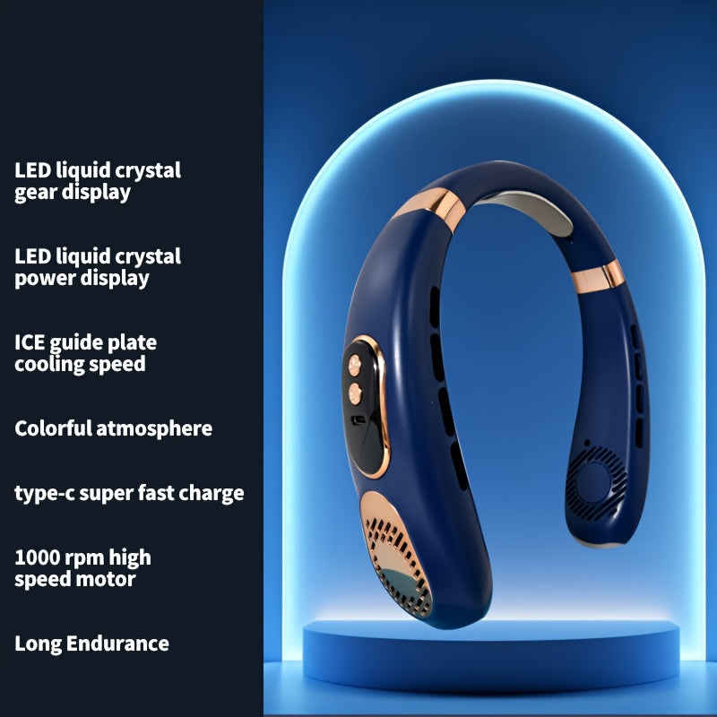 Portable Neck Fan with 7-Color LED Lights, Dual Turbo Outlets, 5-Speed
