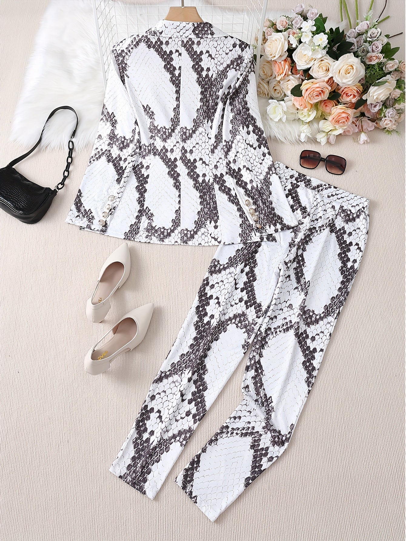 Women's Snakeskin Print Two-Piece Set Blazer and Pants Casual Spring Fall
