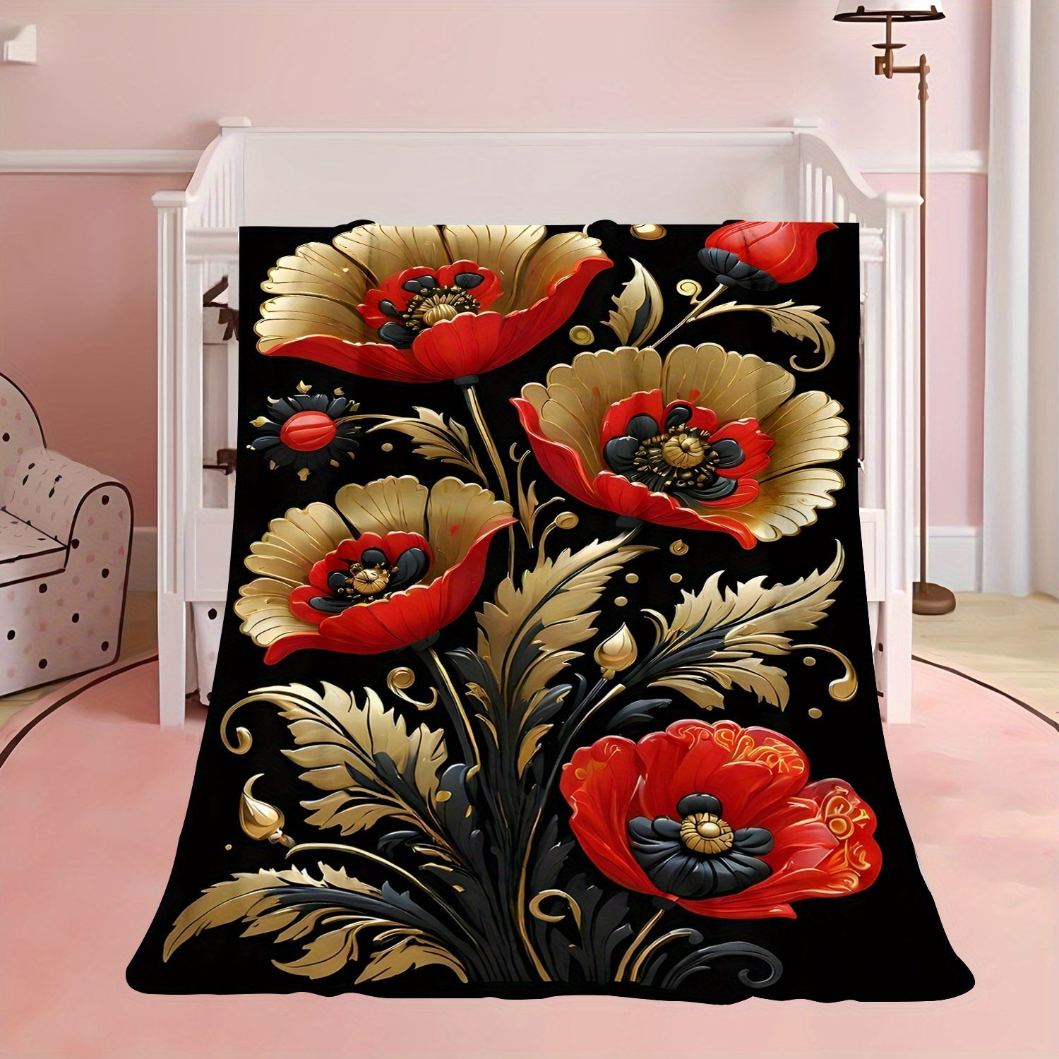 Floral Printed Fleece Throw Blanket for Living Room Bedroom Sofa All-Season Durable Polyester