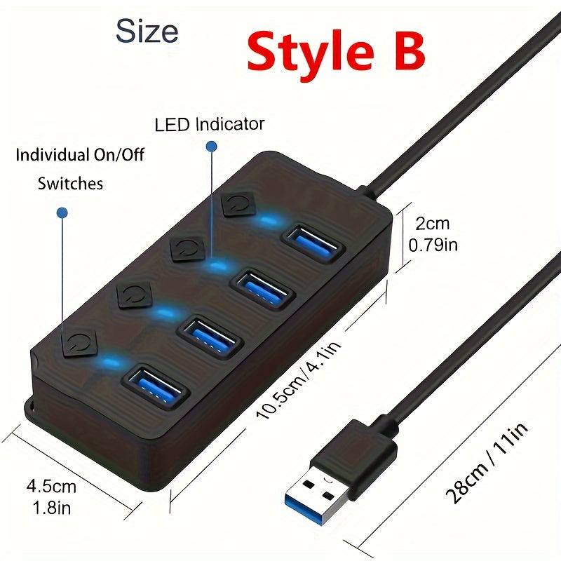 USB Hub with 4 or 7 Ports LED Light and Power Switch for PC Laptop