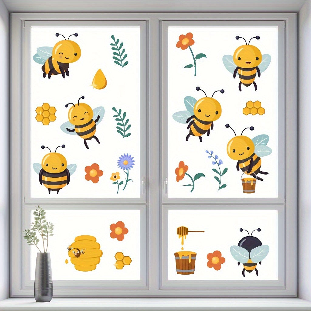 Set of 2 Cartoon Bee and Flower Window Stickers, Reusable, 29.97cm x 20.07cm