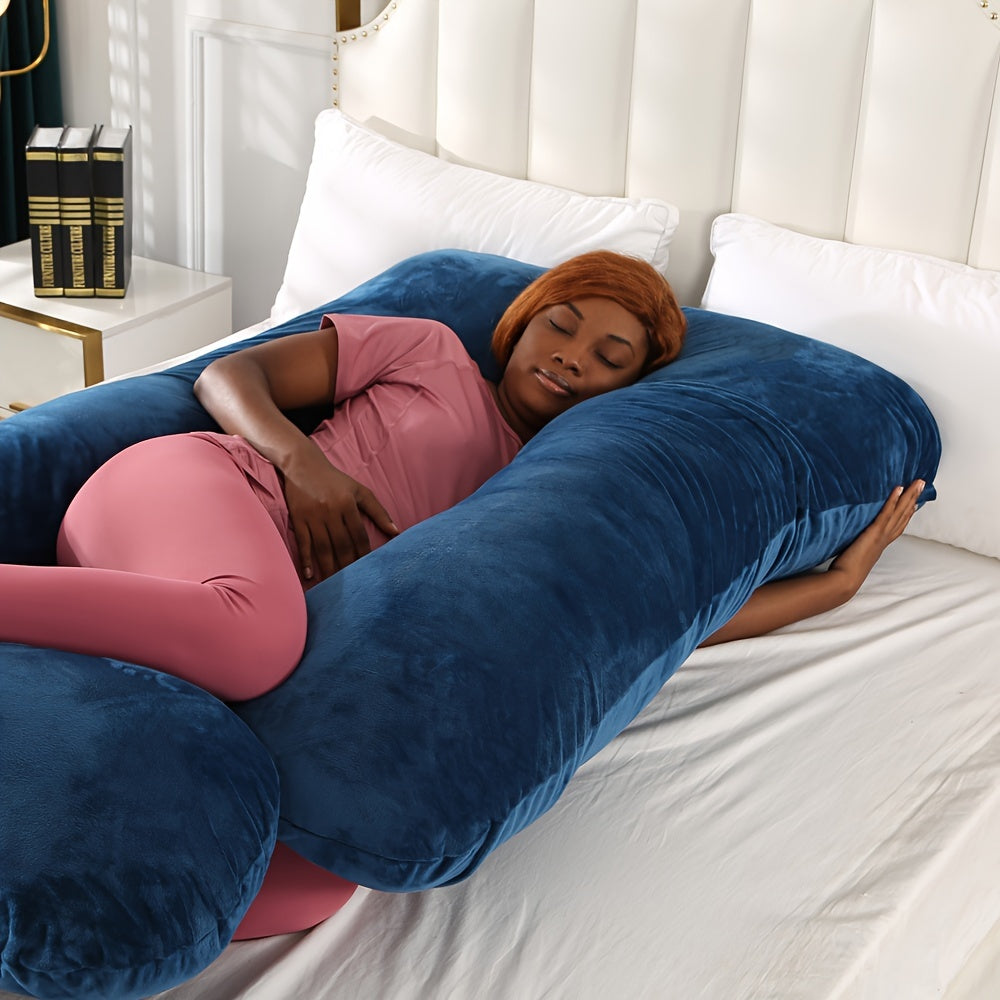 Velvet J-Shaped Pregnancy Pillow with Belly and Lumbar Support for Side Sleeping and Nursing