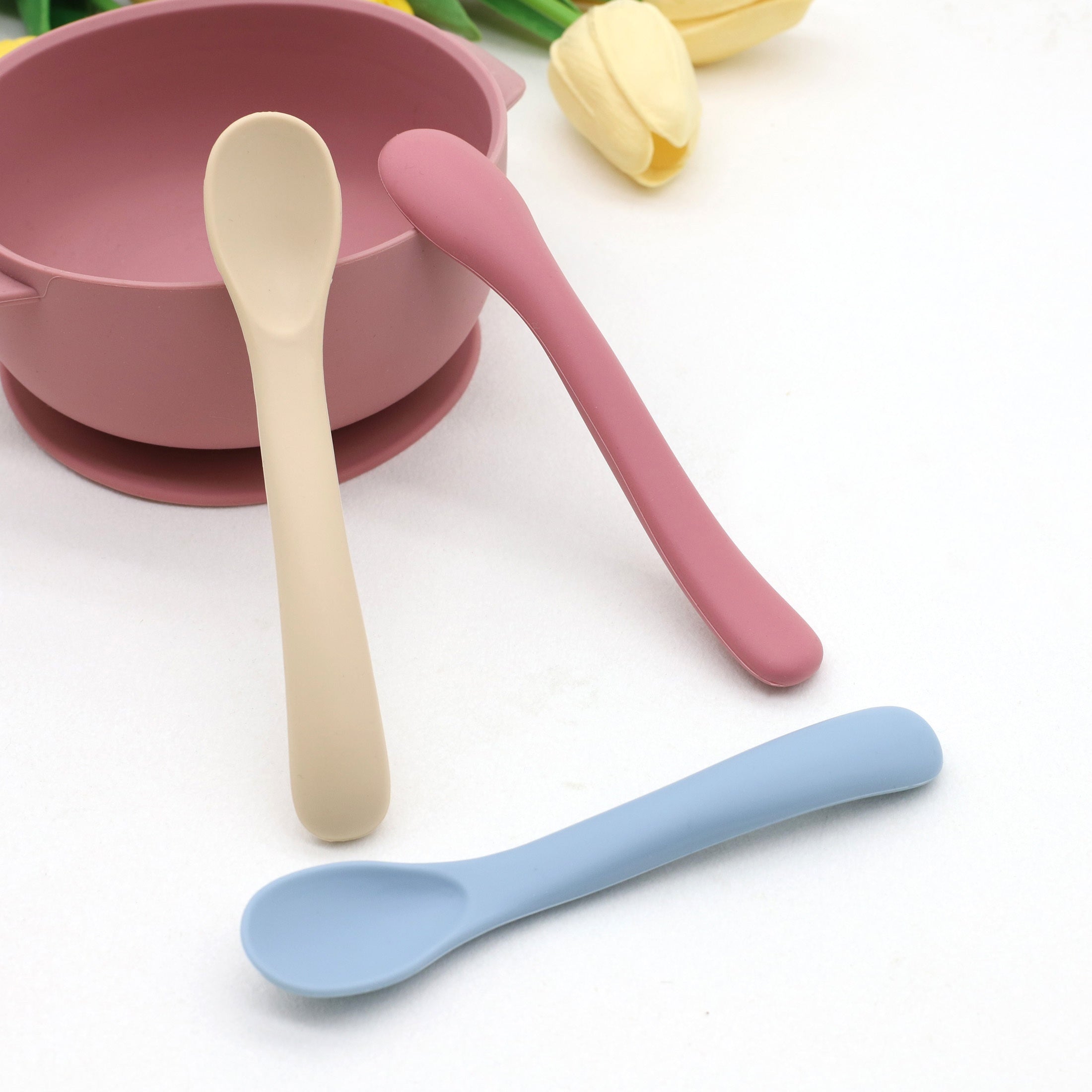 Set of 3 Blue Silicone Baby Feeding Spoons Gentle Secure for Easy Feeding