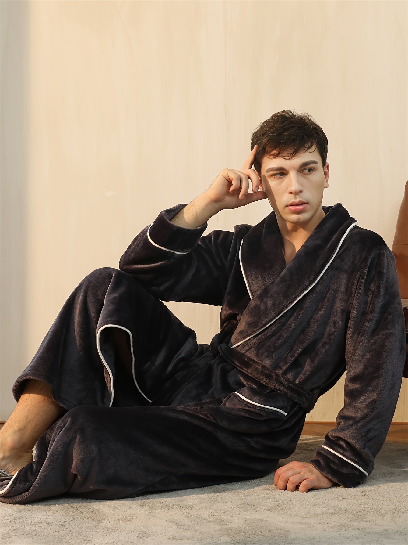 Men's Flannel Bathrobe with Coral Fleece Lining Long Sleeve Solid Color Winter Casual