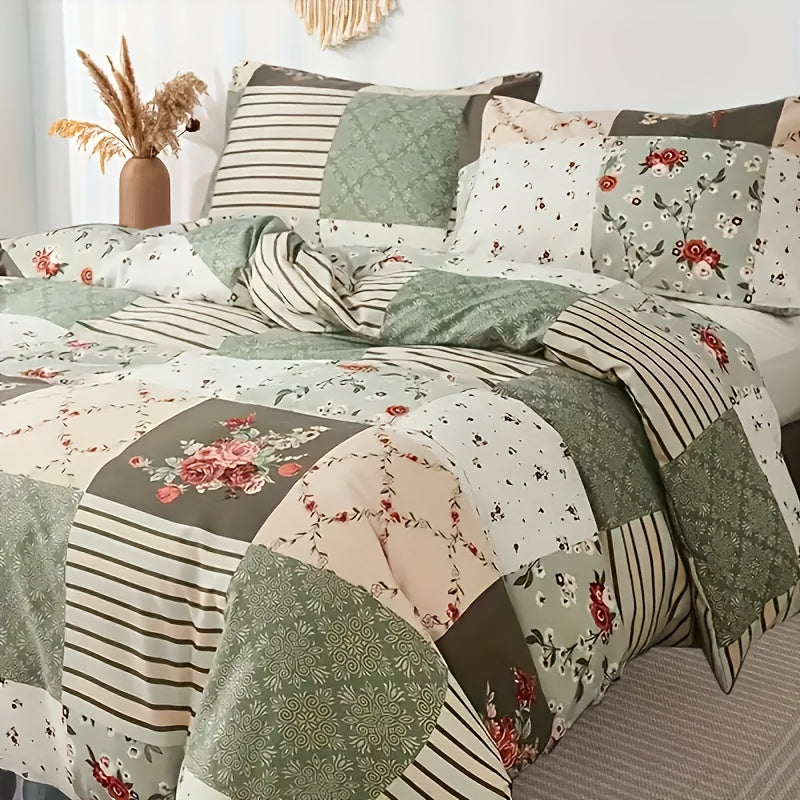 King Size Duvet Cover Set with Floral and Geometric Prints Soft Polyester All-Season Bedding