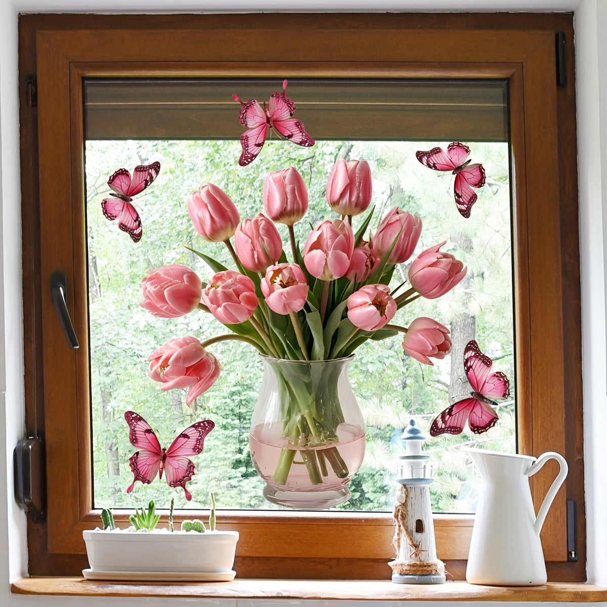 Pink Tulip Butterfly Window Stickers Floral Pattern Reusable Static Cling