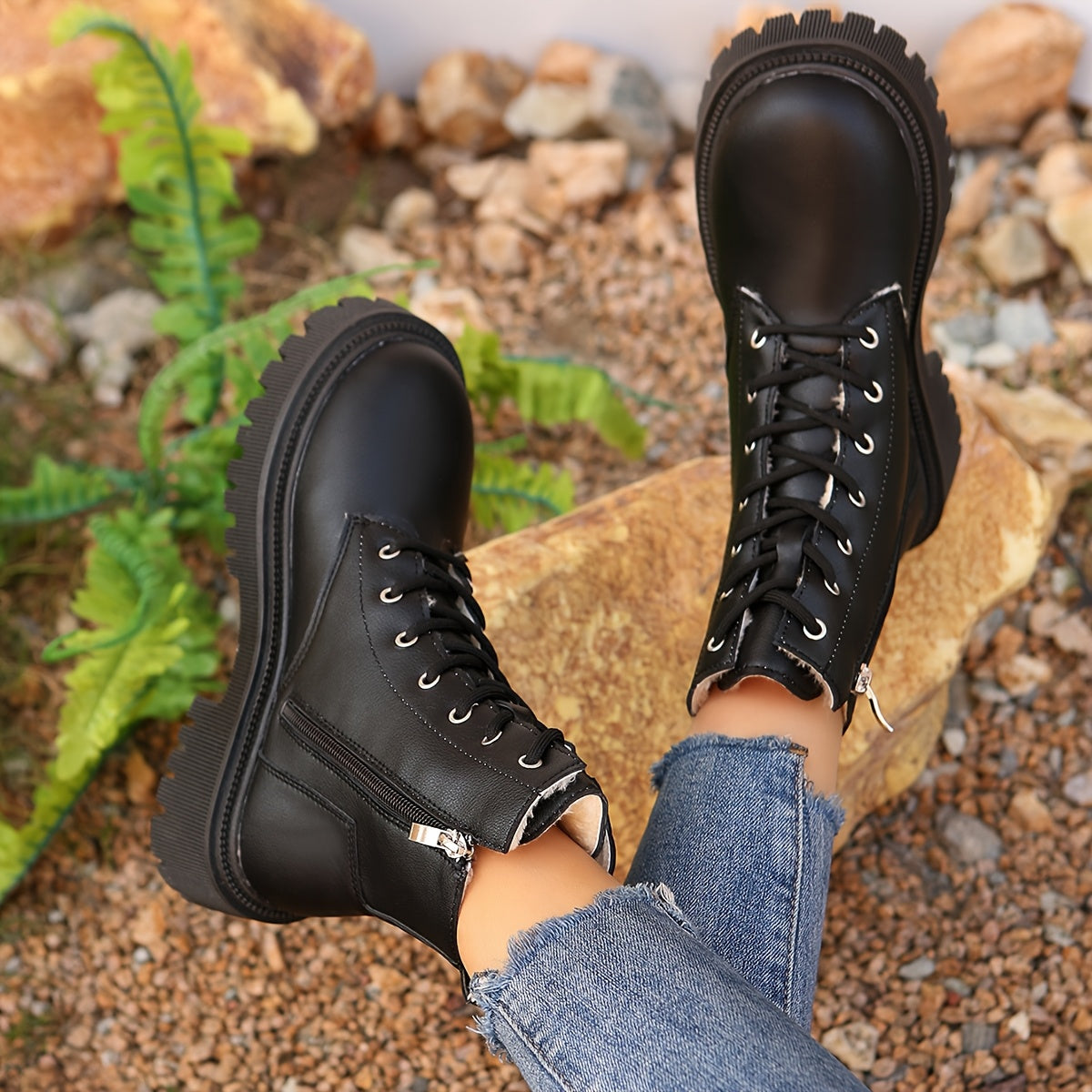 Women's Fleece-Lined Ankle Boots Winter Warm Lace-Up Casual Shoes