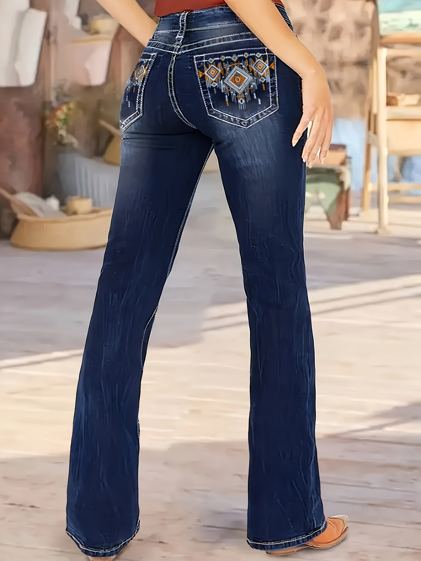 Plus Size Dark Vintage Geometric Embroidered Jeans with Flared Legs