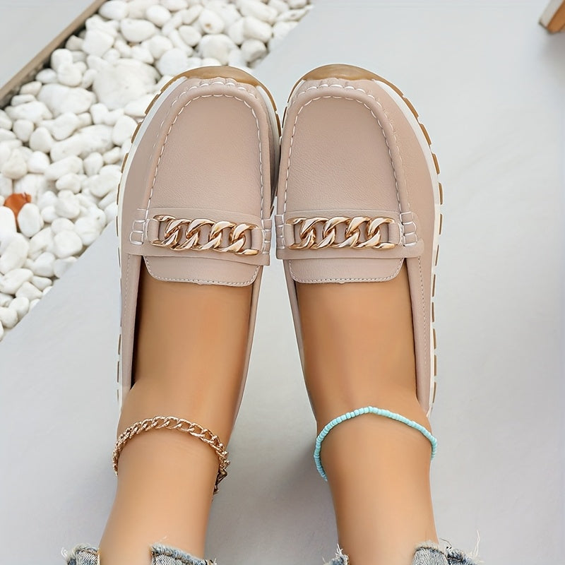 Women's Solid Color Loafers Slip-On Casual Flats with Metal Buckle