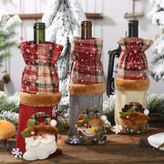 Set of 3 Christmas Wine Bottle Covers Plaid Linen Santa Reindeer Hand Washable Canvas Bags