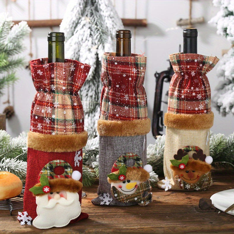 Set of 3 Christmas Wine Bottle Covers Plaid Linen Santa Reindeer Hand Washable Canvas Bags