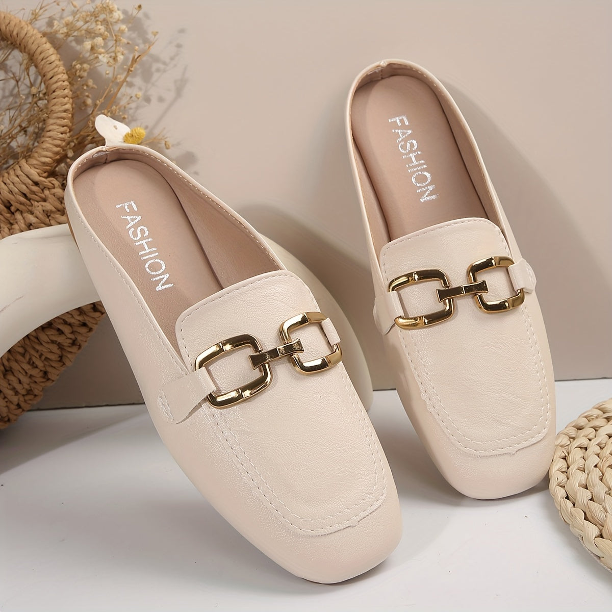Women's Flat Mules Square Toe Metallic Buckle Slip-On Backless Outdoor Shoes