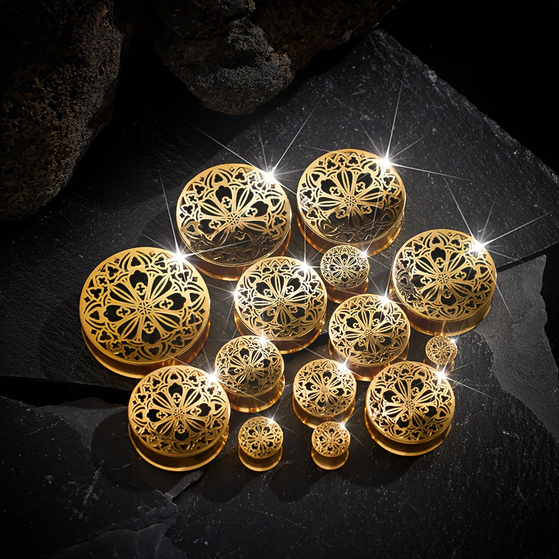 2 ta Hip Hop zanglamas po'latdan yasalgan quloq kengaytmalari to'plami, oltin gullar dizayni bilan - Har kuni kiyish va partiyalar uchun ideal. Kengaytiriluvchi yoki tunel sifatida ishlatilishi mumkin.