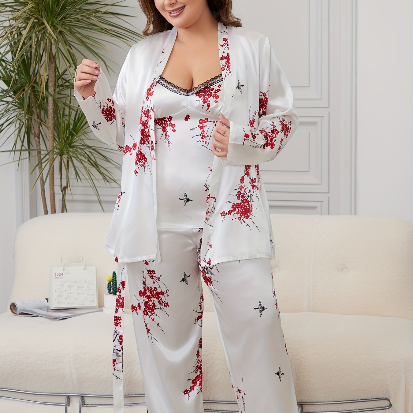 Plus Size Pajama Set with Floral Satin Robe and Lace Camisole