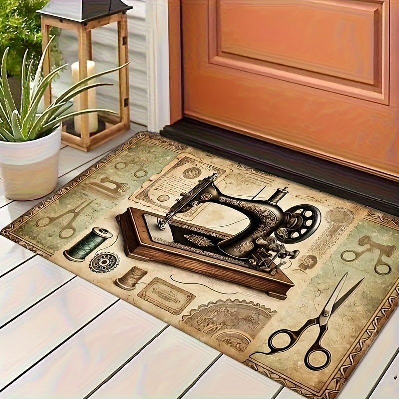 Vintage Sewing Machine and Scissors Door Mat Non-Slip Washable Rug for Home Decor