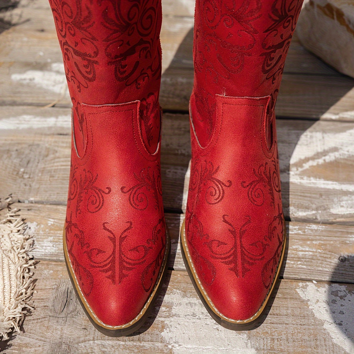 Women's Brown Laser-Cut Floral Mid-Calf Boots with Wooden Heel