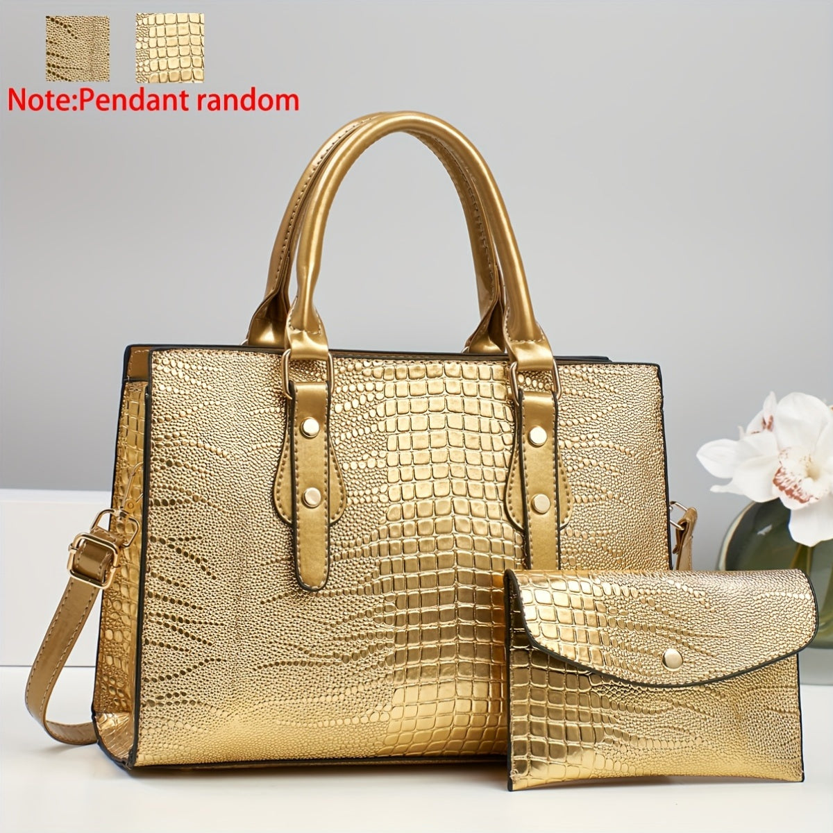 Ayollar uchun 2 ta krokodil naqshidagi sumka to'plami, yuqori sifatli kumush hamyon va rivet bezakli porloq charm to'plam sumkasi bilan birga. 14-fevral kuni sovg'a, ish va dam olish uchun mukammal.