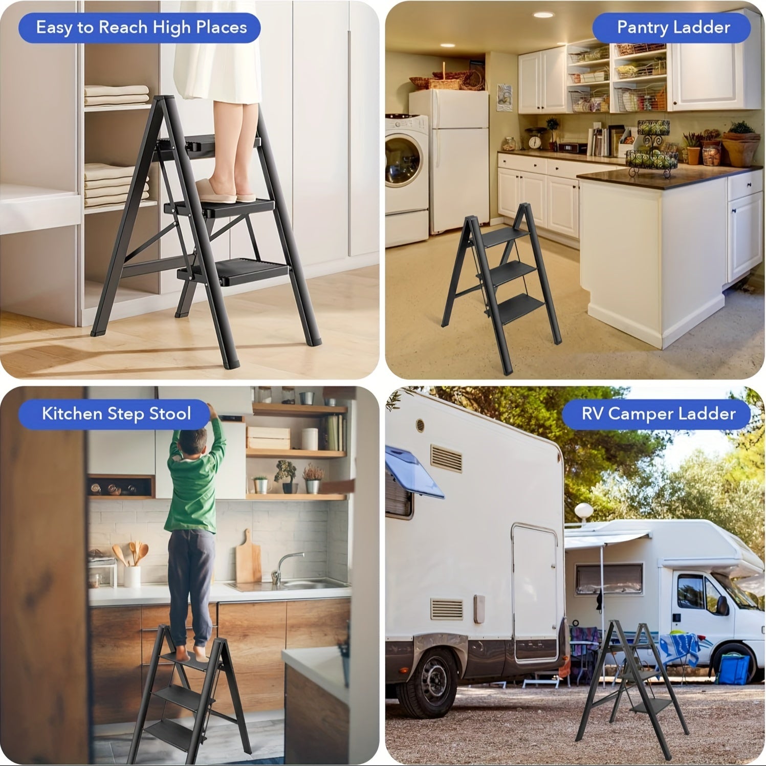 Aluminum Folding Ladder 3 Steps Non-Skid Pedals Lightweight Home Office Use