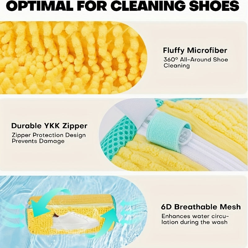 Yellow Polyester Shoe Washing Bag with Mesh Pockets Zipper Safe Laundry