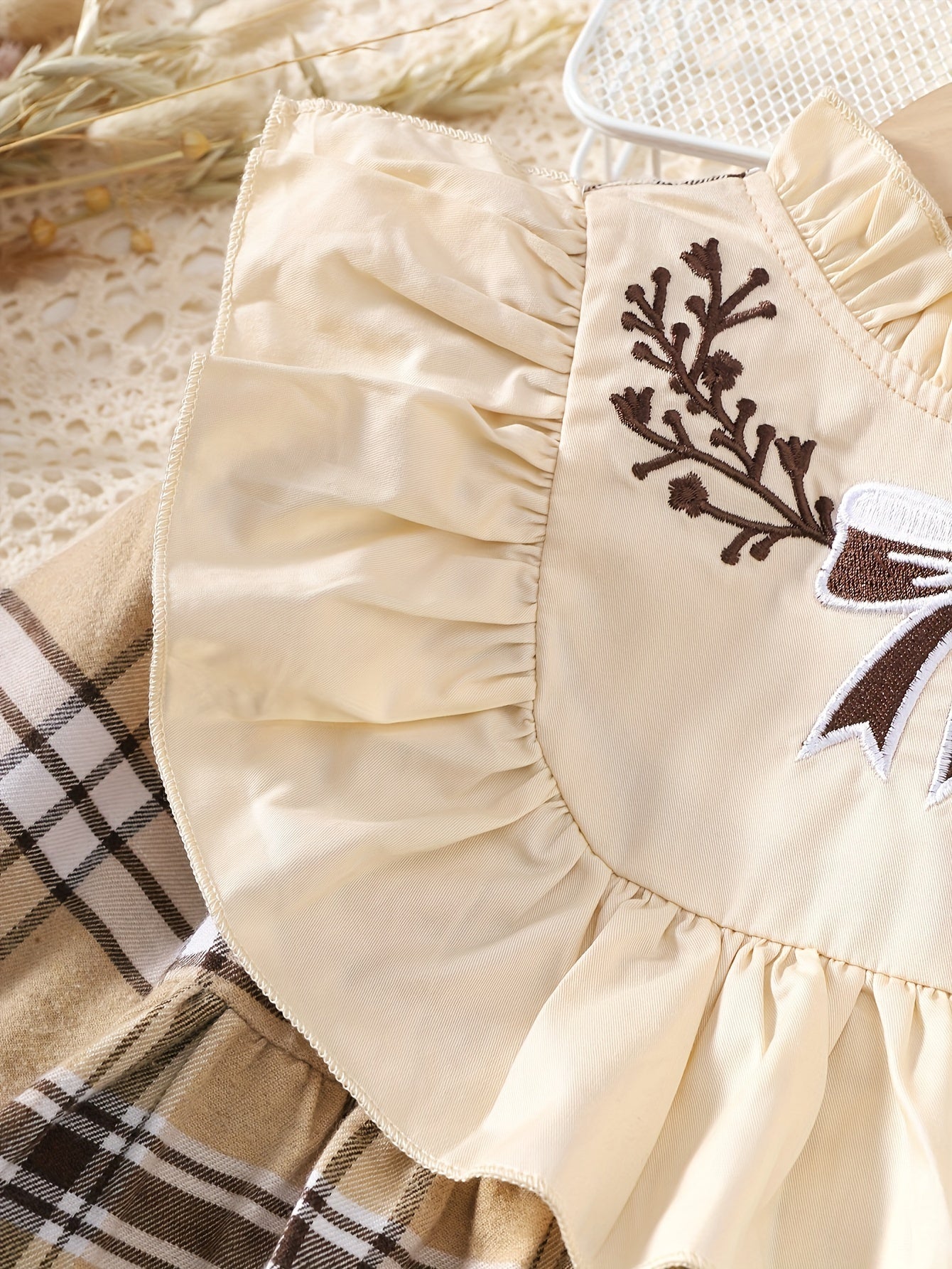 Girls' Plaid Long Sleeve Dress with Ruffle Trim and Matching Hat for Spring and Fall