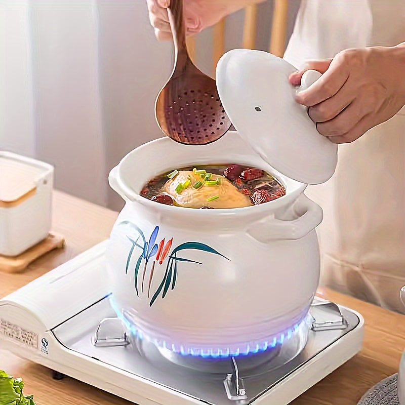 White Hand-Painted Chinese Soup Pot Non-Stick Heat-Resistant Cookware for Soup Rice Slow Cooking