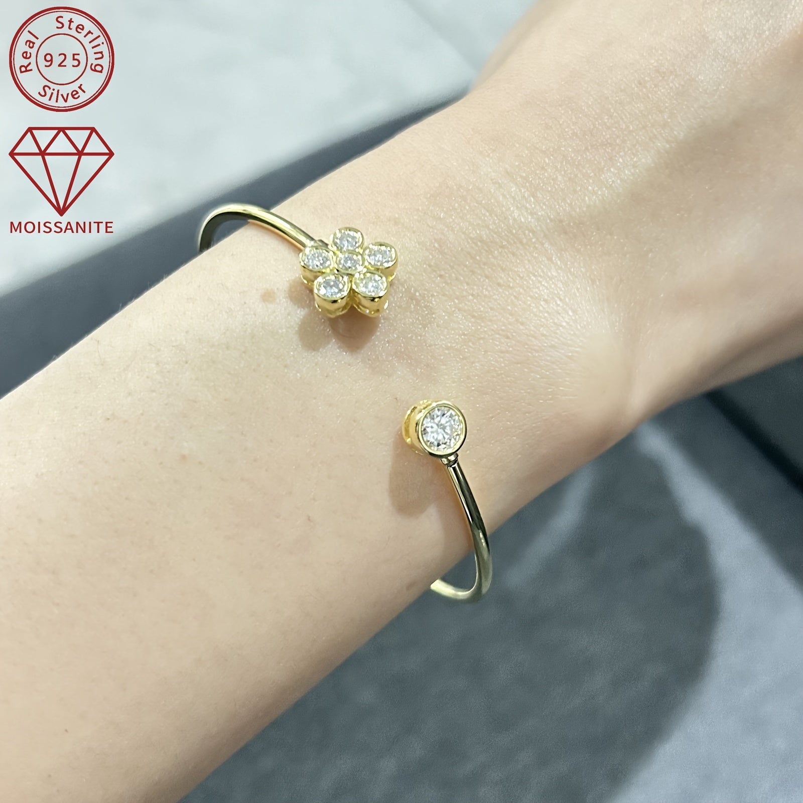 Open Cuff Bracelet for Women with Synthetic Moissanite Stones 925 Silver 14K Gold Plating April Birthstone Elegant Floral Design