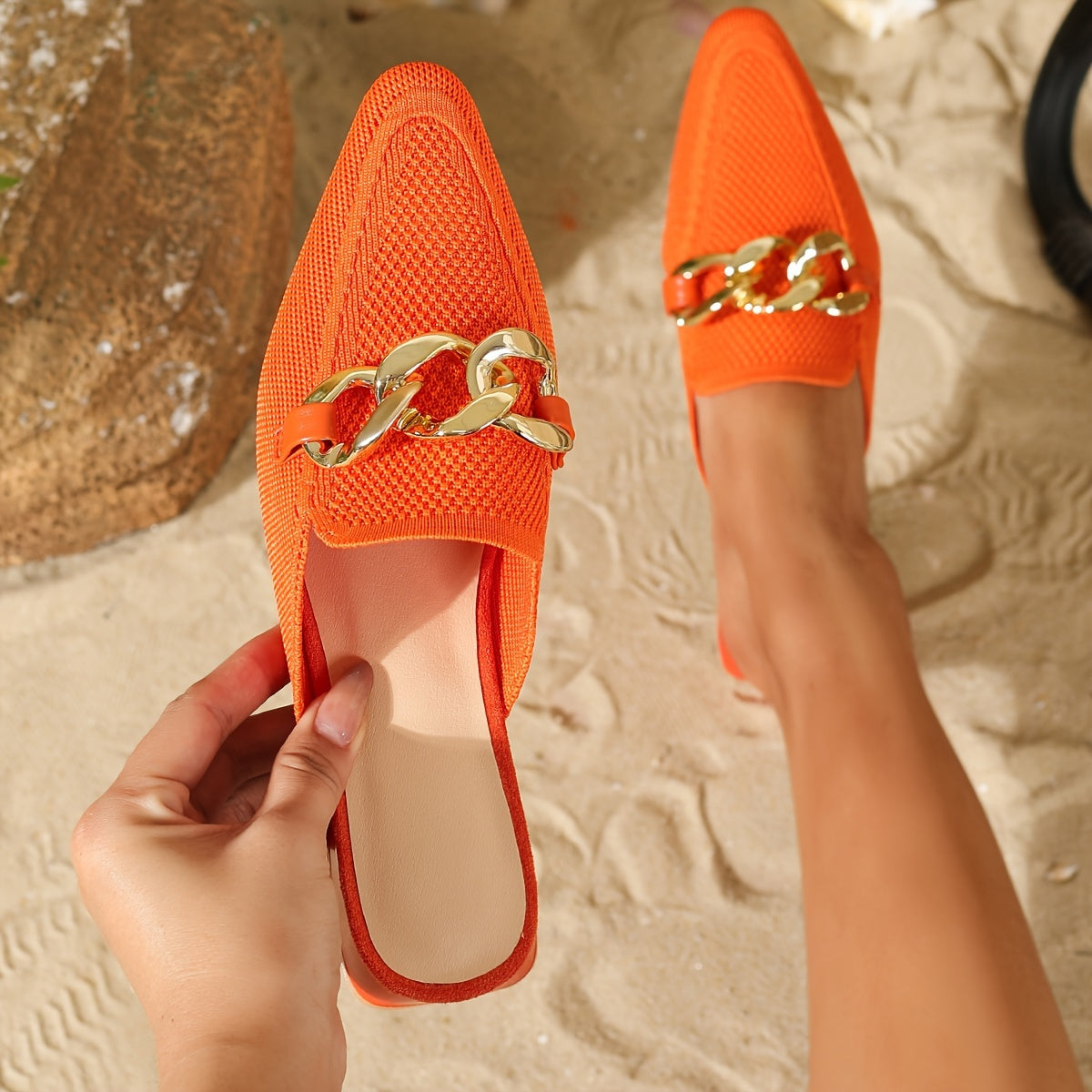 Women's Knitted Mules with Metallic Chain, Breathable Slip-On Shoes