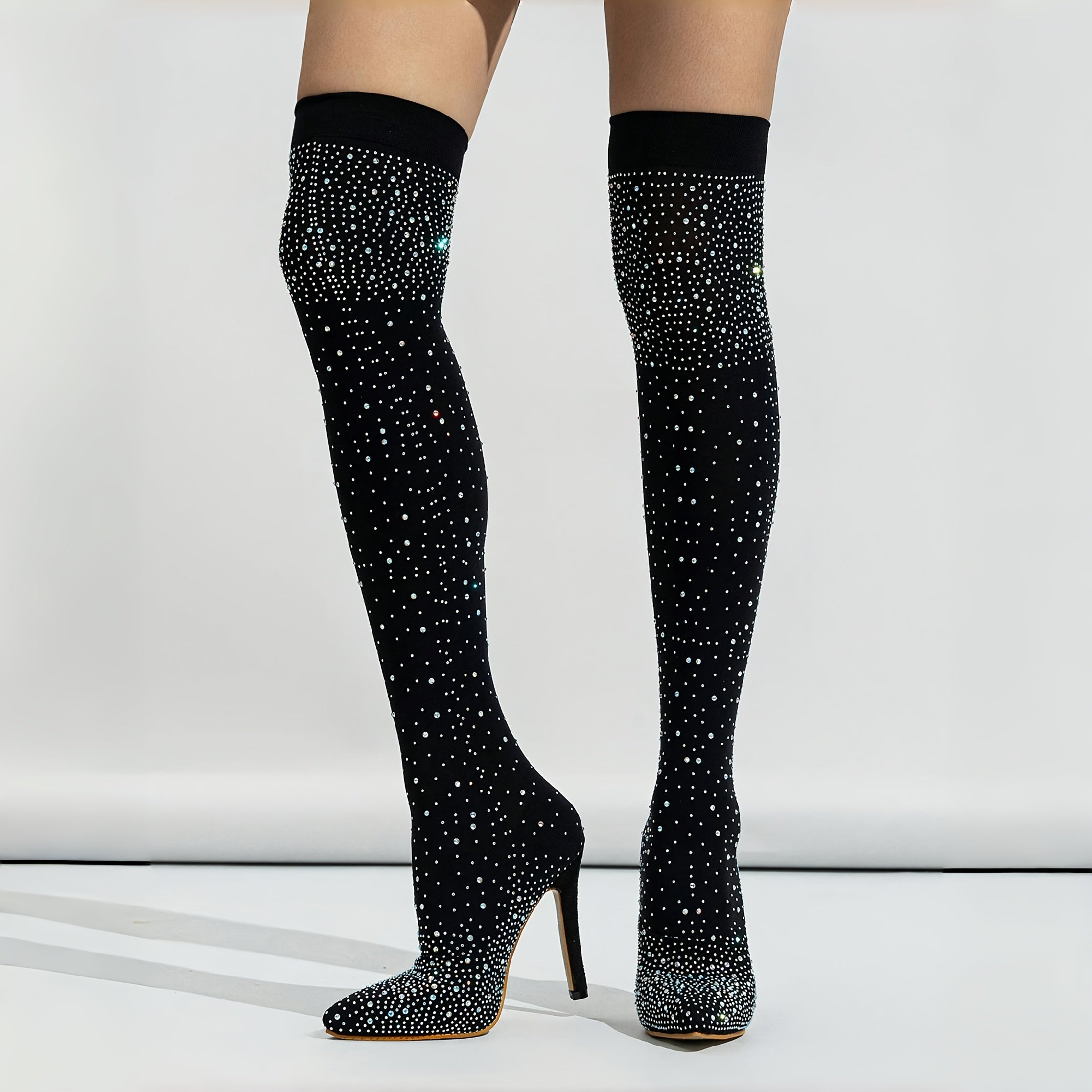 Women's Mesh Over-the-Knee Boots with Rhinestones Black Stiletto Heels