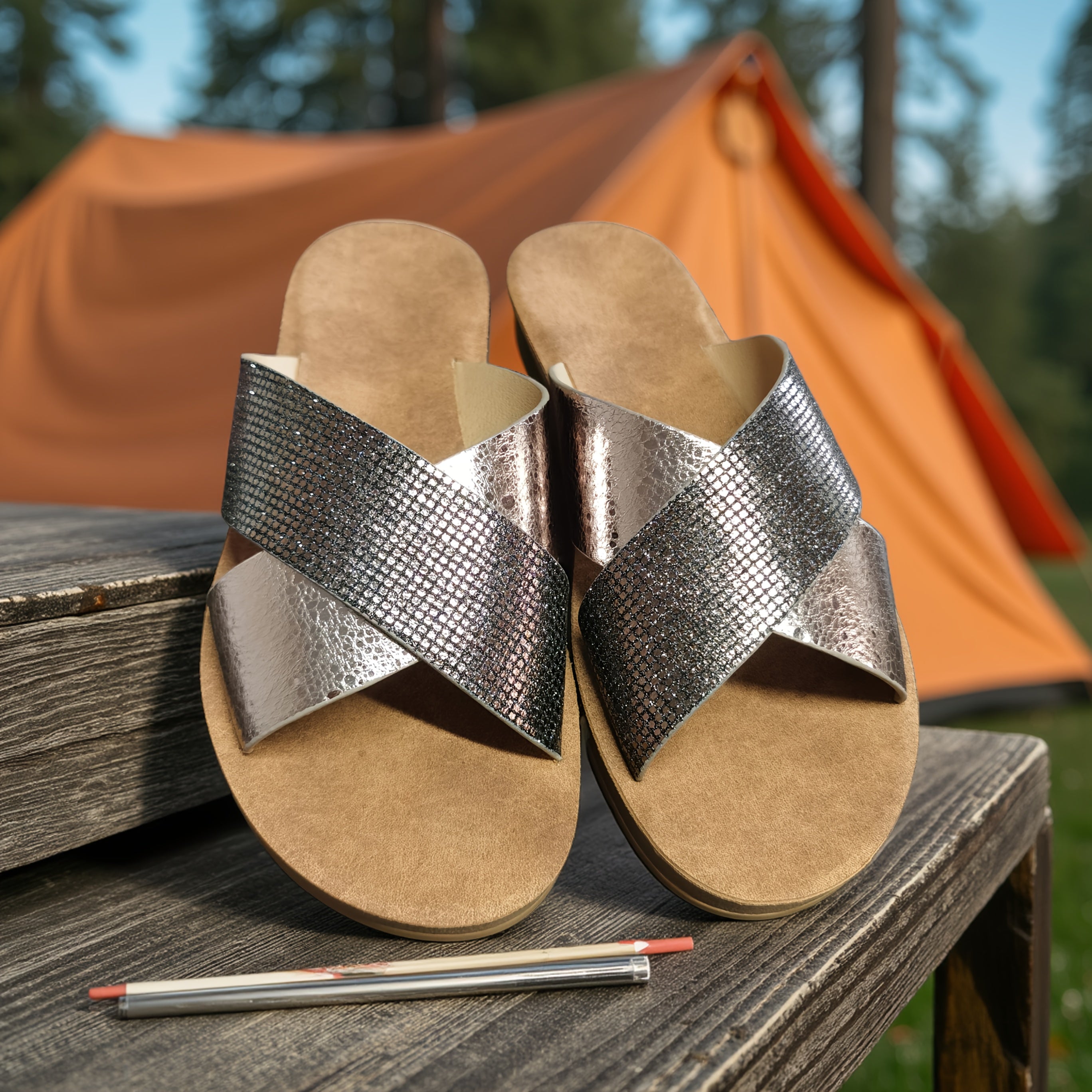 Ayollar uchun metallik xoch-uzukli oson kiyiladigan sandallar ochiq barmoqli yozgi slaydlar yostiqli ichki qismi