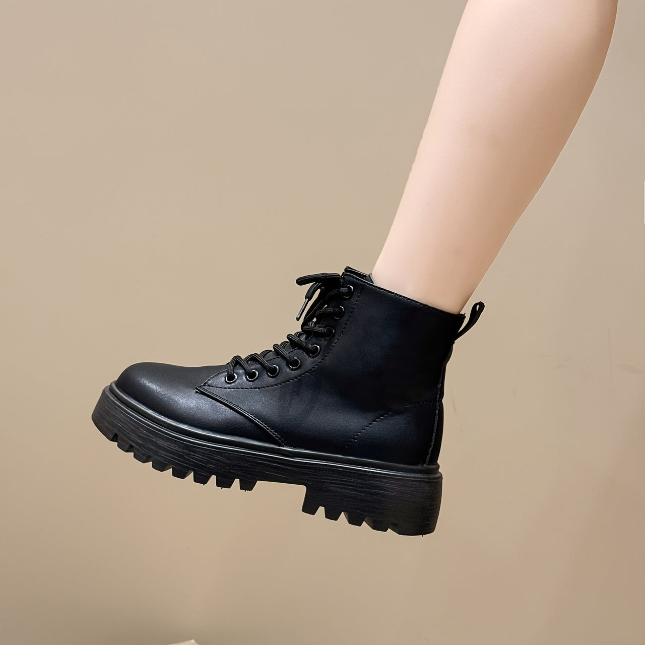 Women's Black Platform Ankle Boots with Zipper, Low Heel, All-Season