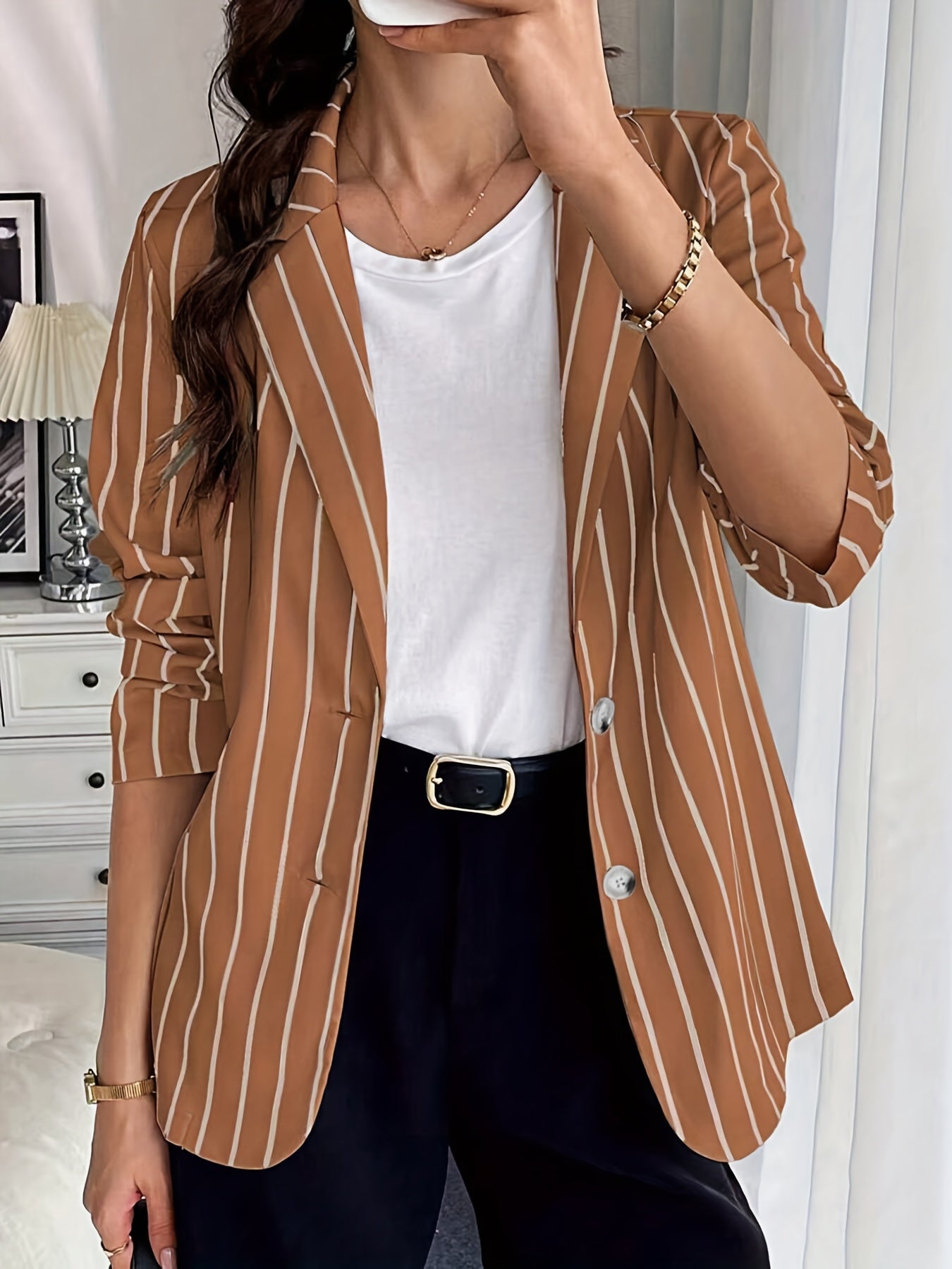 Women's Plus Size Striped Relaxed Suit Jacket for Work and Travel